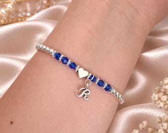 Personalised Birthstone & Initial Bracelet, Silver Beaded Stretch Bracelet, Birthday Gift for Girls Women