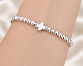 Cross Bracelet, Silver Beaded Stretch Jewellery, Confirmation Gift for Girls, Gift for Her
