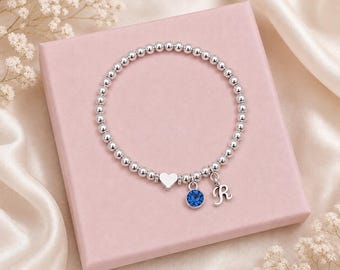Personalised Initial Birthstone Bracelet Silver Beaded Stretch Bracelet Birthday Jewellery Gift for Her Girls Bracelet
