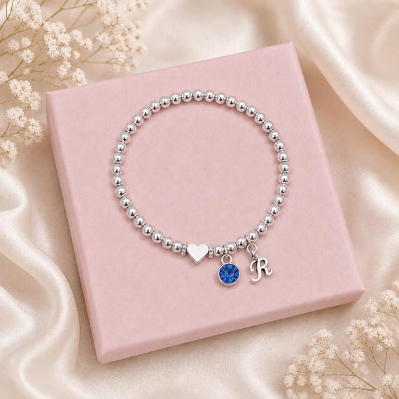 Personalised Initial Birthstone Bracelet Silver Beaded Stretch Bracelet Birthday Jewellery Gift for Her Girls Bracelet