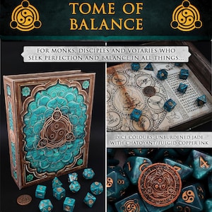 May include: A detailed image of a fantasy-themed game set. It features a large, ornate book titled "Tome of Balance" with teal and brown accents, dice, and a coin. The dice are teal with copper ink, and the coin has a matching design.