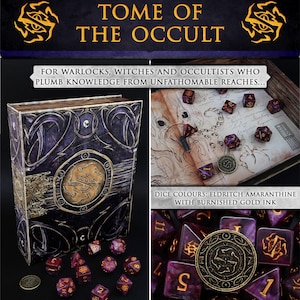 May include: An image showcasing a purple and gold "Tome of the Occult" book, dice, and coins. The dice are a deep purple with gold numbering. The book has intricate gold and purple designs. The text reads "For Warlocks, Witches and Occultists who plumb knowledge from unfathomable reaches..."