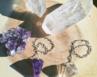 Amethyst & Bergkristall Pendel – Edelstein Pendel mit Kette – Spirituelles Werkzeug, Energiearbeit, Reiki, Meditation, Intuition, Heilsteine