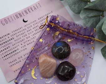Edelstein Set für Weiblichkeit & Intuition – Mondstein, Rosenquarz, Granat, Labradorit - Geschenkset | fair gehandelte Trommelsteine