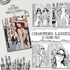 35 Coloring Pages, Charming Ladies, Grayscale Coloring Pages, Printable Adult Coloring Pages, Download Grayscale Illustration, Printable PDF