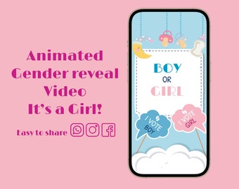 Könnte beinhalten: Eine animierte Gender Reveal Video-Vorlage in Blau und Weiß mit einem weißen Rahmen, auf dem "Boy or Girl" steht, und zwei Sprechblasen, auf denen "I Vote Boy" und "I Vote Girl" steht.