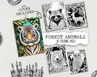 30 Forest animals and birds | Grayscale Coloring Pages | Printable Adult Coloring Pages | Download Grayscale Illustration | Printable PDF|