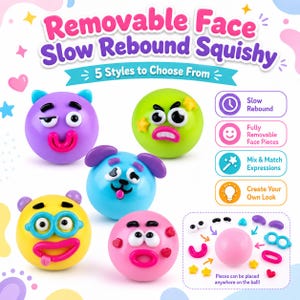 May include: Removable Face Slow Rebound Squishy toys featuring five colorful spherical characters with mix and match facial features. The set includes purple, green, blue, yellow, and pink balls with various eyes, mouths, and accessories.