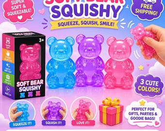 Soft Bear Squishy Kawaii Sensory Fidget Toy Stress Relief (Pink, Blue, Purple)
