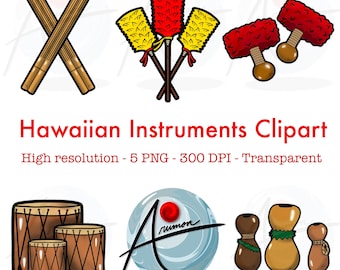 5 imágenes PNG de instrumentos hawaianos: paquete de imágenes prediseñadas de alta resolución, 300 DPI, fondo transparente, descarga digital imprimible