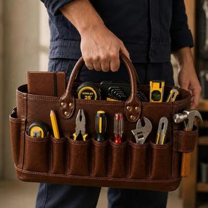 May include: A brown leather tool bag featuring multiple exterior pockets and two sturdy handles. The bag is organized with a yellow pencil, pliers, screwdrivers, an adjustable wrench, a utility knife, a hammer, and a Stanley 25' tape measure.
