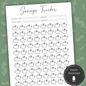 May include: A black and white savings tracker printable with the title "Savings Tracker" in elegant script. The sheet includes spaces for "Saving For," "Amount," "Start Date," and "End Date." It features rows of piggy bank illustrations for tracking savings goals. A circular "Instant Download" graphic is in the bottom right.