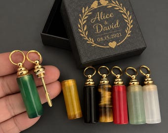 Personalized Gift Box Set, Natural Agate Mini Bottle Pendant, Gemstone Keychain Charm With Spoon, Handmade Stone Jewelry Gift