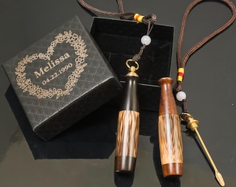 Wooden Bottle Pendant With Spoon Custom Engraved Gift Box Birth Flower Design Hand Strap Keepsake Vial Gif