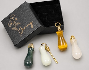 Agate Mini Bottle Pendant with Spoon, Custom Birth Flower Name Gift Box, Stone Necklace Keychain, Glow Option