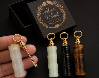 Natural Agate Bamboo Pendant, Hand Polished Stone Vial Keychain, Mini Spoon Bottle Charm, Custom Gift Box