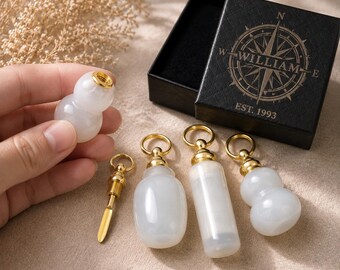 White Jade Gourd Pendant with Custom Gift Box, Mini Perfume Bottle & Spoon Set, Personalized Keepsake Gift