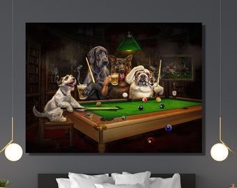 Dogs Playing Billiards, Funny Pet Portrait, Billiards Lover Gift, Pets Playing Pool, Dog Lover Gift, Animal Fan Gift, Kids For Gift, Canvas