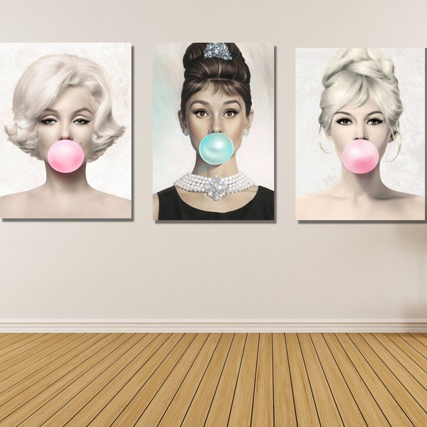 3er Set Blowing Bubble Gum Art, Lady Bubble Gum Leinwand Wand Kunst Poster, Brigitte Bardot, Bubble Gum Poster, Audrey Hepburn, Leinwand Wand Kunst