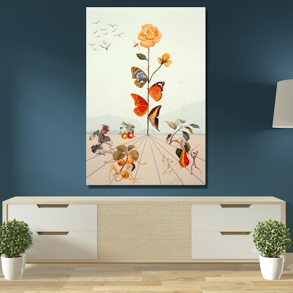 Salvador Dali Signed Lithograph, Butterfly Rose Art, Salvador Dali Flowers, Salvador Dali Rose, Dali Painting, Salvador Dali Canvas Wall Art
