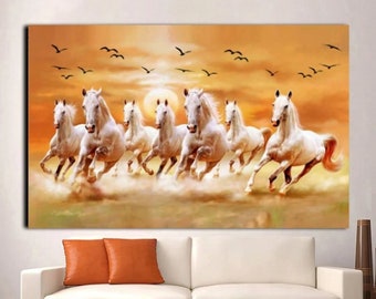 Running Horses Canvas Wall Art, Seven White Horses Painting Artistic Canvas Art, Vastu Feng Shui 7 Horses Wall Art Poster, Large Wall Art