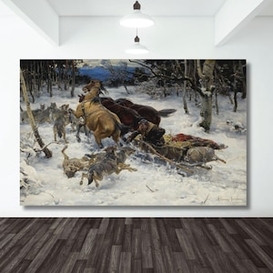 Puede incluir: Gran impresión enmarcada de una pintura que representa una dramática escena invernal. Caballos y un trineo son atacados por lobos en un bosque nevado. La obra de arte presenta un estilo detallado y realista con una paleta de colores apagados.