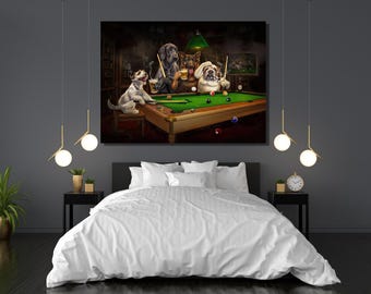 Dogs Playing Billiards Canvas Print, Funny Animal Art