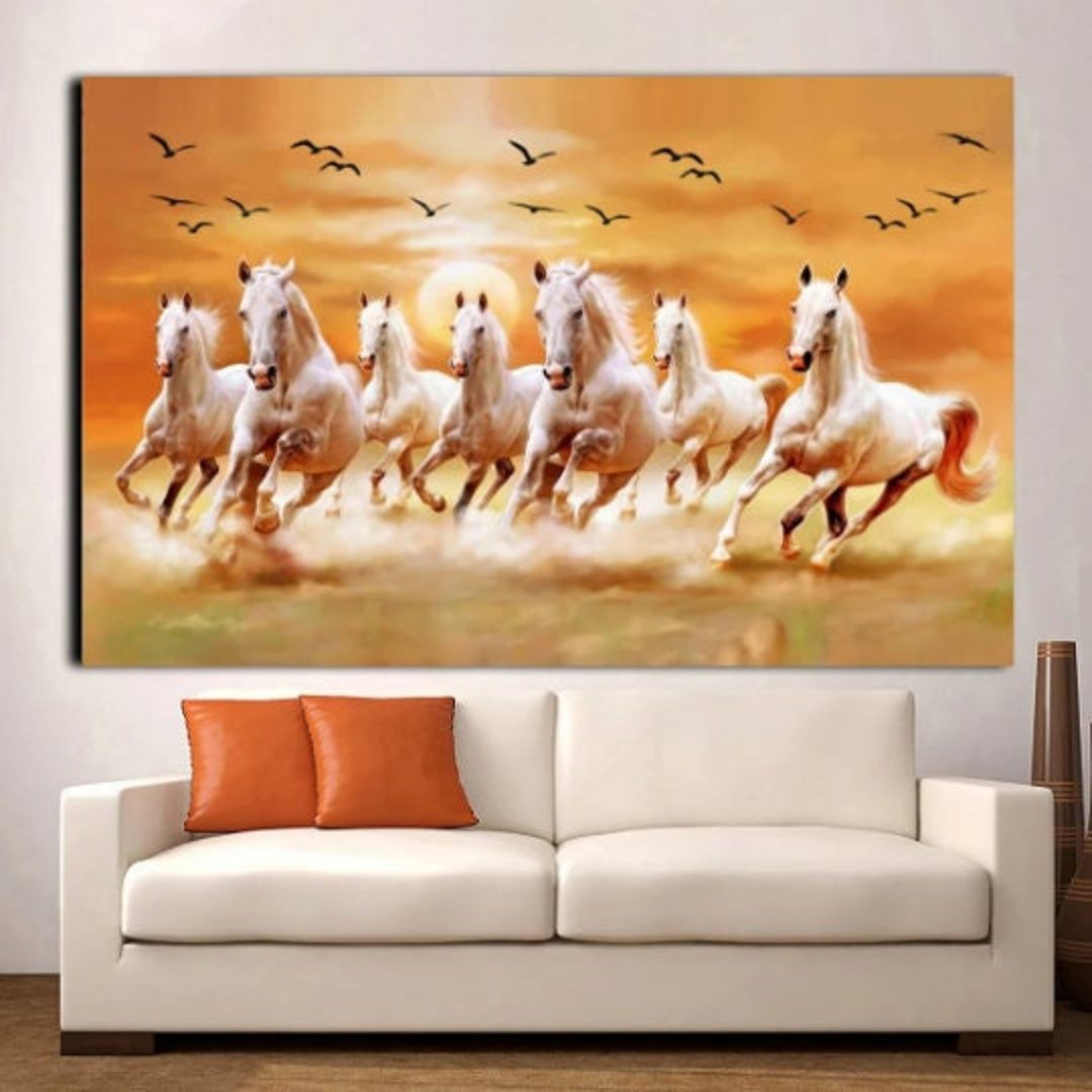 Running Horses Canvas Wall Art, Seven White Horses Painting Artistic