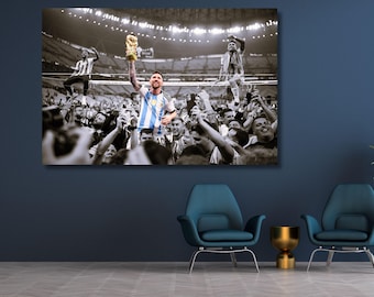 Impresión en lienzo de la victoria de Lionel Messi en la Copa del Mundo, leyenda del fútbol argentino