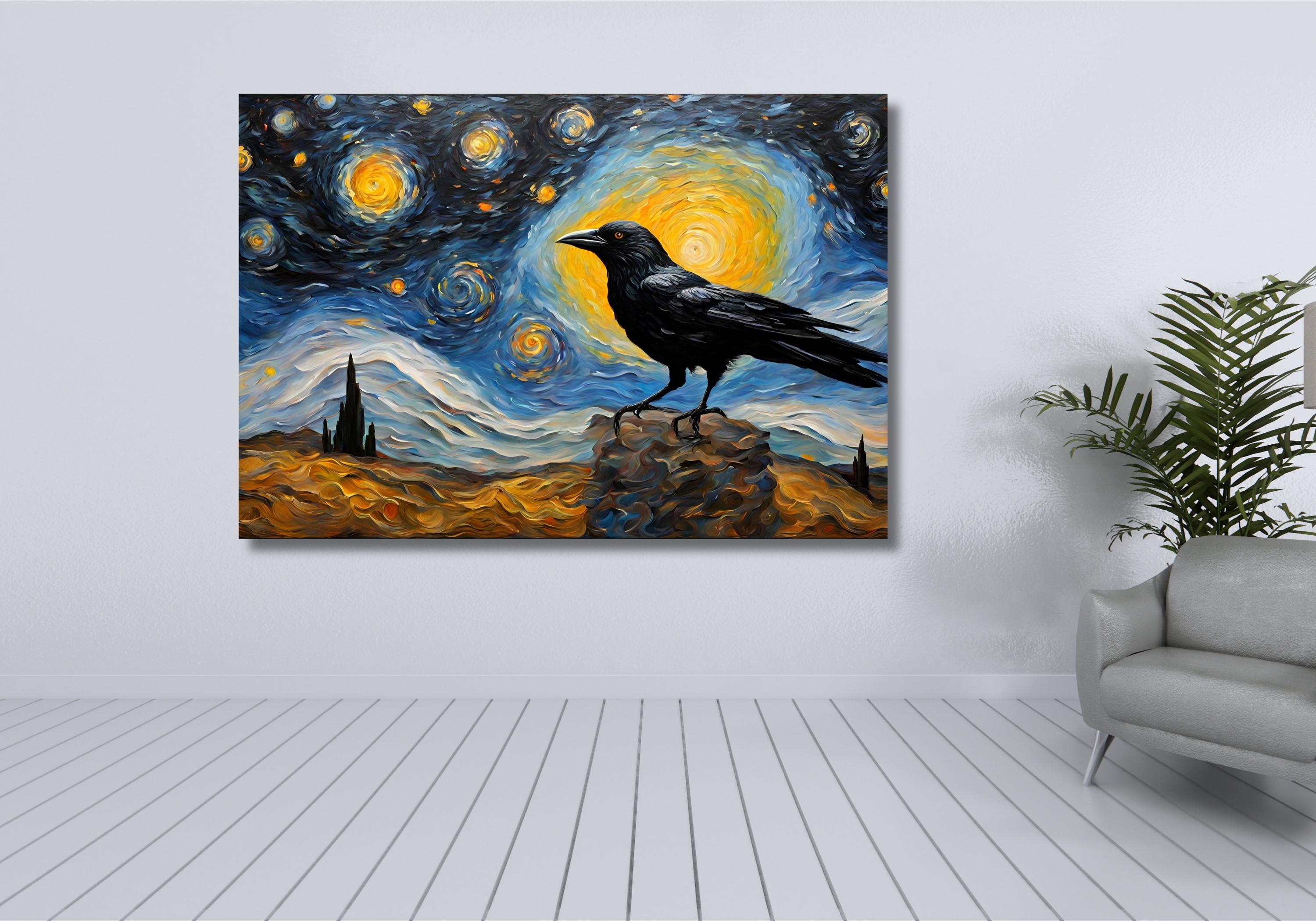 星空の夜のアートワーク、カラスのプリント、カラスの絵画、フィン