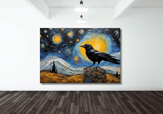 星空の夜のアートワーク、カラスのプリント、カラスの絵画、フィン