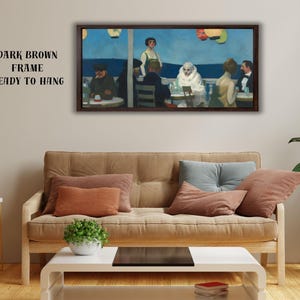 May include: A framed print of a painting depicting a cafe scene with figures seated at tables. The artwork features a dark brown frame and is ready to hang. The text "DARK BROWN FRAME READY TO HANG" is visible on the wall.