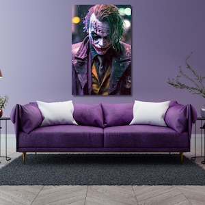 Toile prête à accrocher Joker Heath Ledger, oeuvre d&#39;art murale en toile Joker, peinture très grande art mural Joker, décoration murale Joker affiche de bande dessinée prête à accrocher