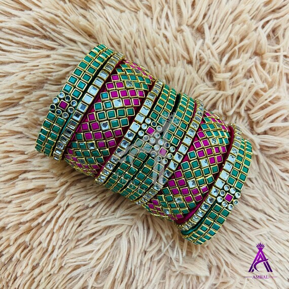 Double Color Kundan Silk thread Bangle set