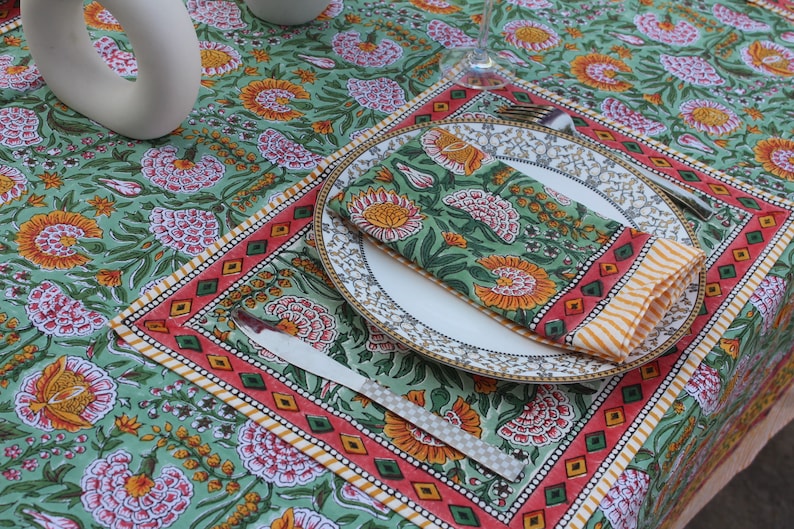 Rectangle/Square/Round Vintage Cotton Tablecloths With Runner/Napkins/Placemat Indian Block Print Table Cover Boho Party Table Decor. image 2