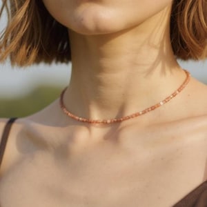 Natural Sunstone Beaded Necklace, Genuine Sunstone Crystal Choker | Natural Gemstone Jewelry