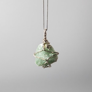 Rohe Aventurin Halskette | Natürliche grüne Stein Halskette | Original, Handgemacht, Einzelstück, Draht Gewickelt mit 925 Sterling Silber