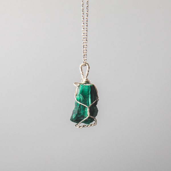 Natural Raw Malachite Necklace | Rough Malachite Stone Necklace in 925 Sterling Silver