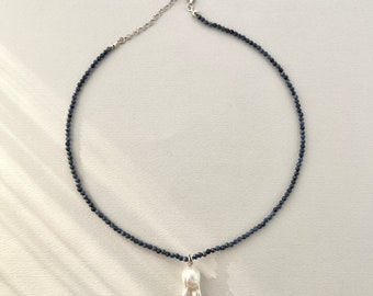 Natural Sapphire Bead Necklace with Baroque Pearl Charm | 925 Sterling Silver  | Natural Gemstone Jewelry