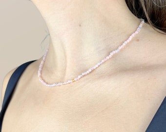 Morganite Beaded Necklace, Cute and Minimal Morganite Crystal Choker | Natural Gemstone Jewelry