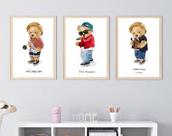 Teddy Bear Print, Bear Nursery Decor, Baby Boy Print, New Baby, Neutral Nursery Print, Set of 3 Nursery Wall Decor, Singer Teddy Bear