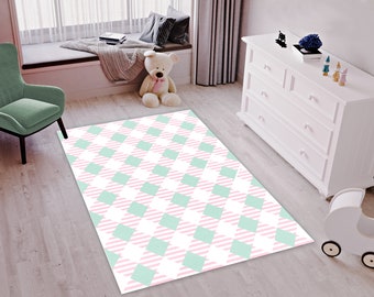 Kids Room Digital Carpet, Plaid Baby Room Rug, Nursery Carpet, Kinderkarten Carpet, Plaid Pattern Carpet, Bamboo Kids Room Rug