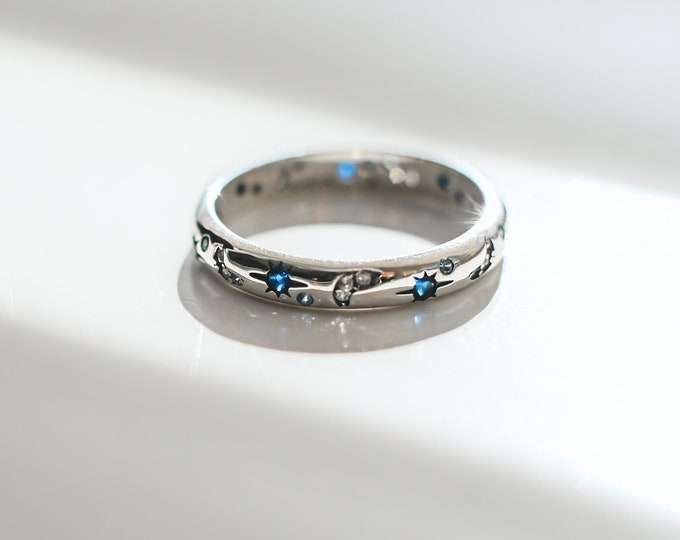 Celestial Moons & Stars Ring- Blue Crystal Astrology Themed Jewellery - 925 Silver/Gold Plated - Perfect Zodiac Gift