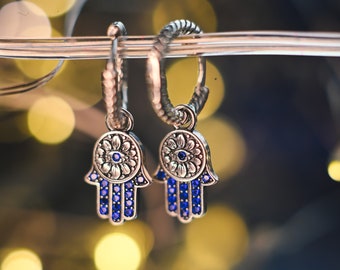 Sterling Silver Hamsa Hand Huggie Hoop Earrings with Blue Stones - Beautifully detailed Protective  Jewellery / Perfect Gift