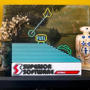 May include: A white and red sign with the text "SUPERIOR SOFTWARE Limited" in black letters. The sign is decorated with a pixelated image of a blue and green landscape with a fuel tank and a pixelated aeroplane.