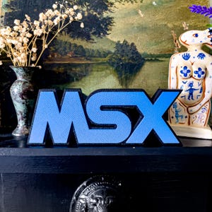 Op de afbeelding: Een blauw en zwart MSX-bord. De letters zijn vetgedrukt, zonder schreef, met een getextureerd blauw oppervlak en een zwarte rand. Het bord wordt weergegeven op een donkere ondergrond, met een vaas met witte bloemen en een decoratief beeldje op de achtergrond.