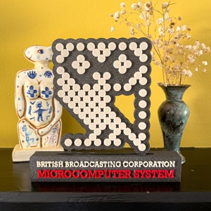 Könnte beinhalten: Ein schwarz-weißes Pixel-Logo des BBC Microcomputer Systems. Das Logo befindet sich auf einer schwarzen Basis mit dem Text "British Broadcasting Corporation Microcomputer System" in weißen und roten Buchstaben.