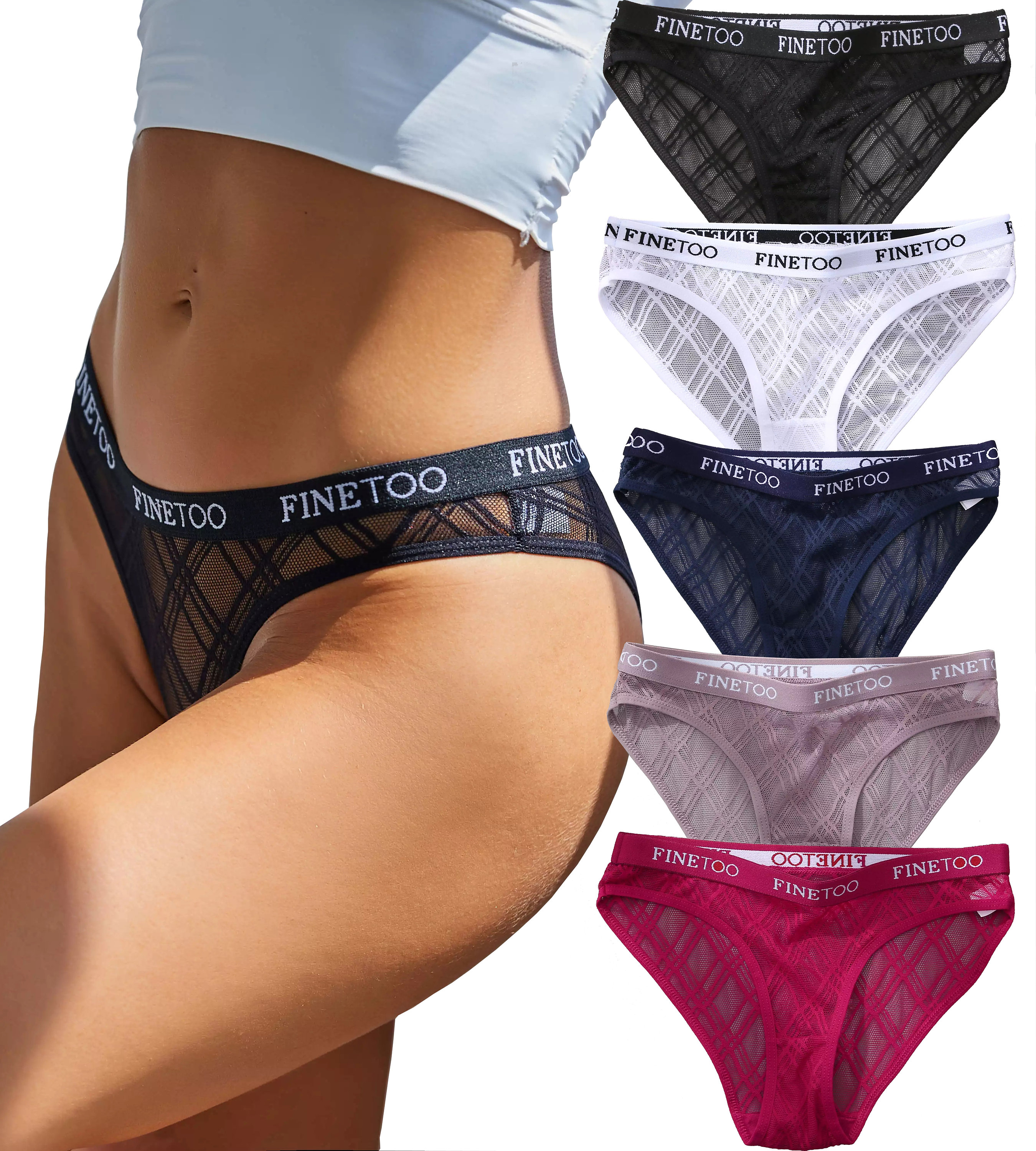 FINETOO Lace Underwear for Women, Transparent Briefs, 5-pack M-XXL