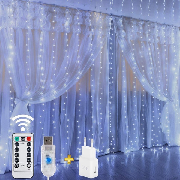 Rideau lumineux avec minuterie 8 modes, 300 LED, télécommande, guirlande lumineuse USB, blanc chaud ou blanc froid avec prise d'alimentation