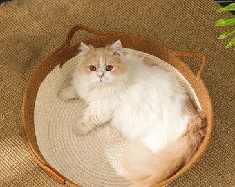 Katzenkorb mit Kissen, Gewebtes Katzenbett, dekorativ, waschbar, kratzfest, geeignet für Katzen und kleine Hunde